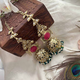 Vriksham Meera Antique Temple Red Stone Stud With Green Bead Drops Long Jhumka With Earchain-G20161